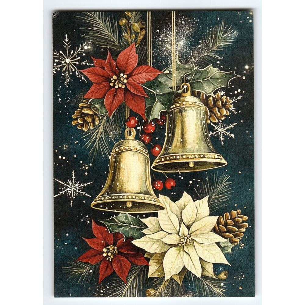 Vintage Christmas Postcard Poinsettias Pine Cones Bells Lithograph